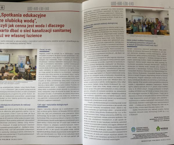 Widok artykułu w kwartalniku Wodociągi Polskie z artykułem o Spotkaniach edukacyjnych ze słubicką wodą. 